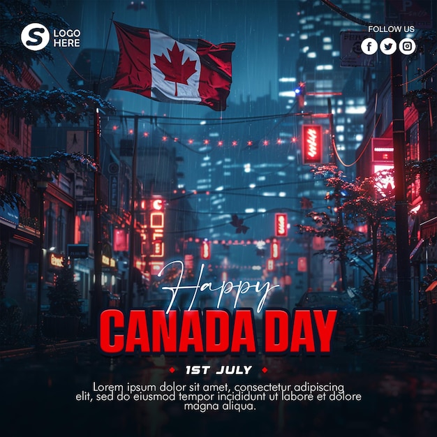PSD ein poster für den canada day mit einer kanadischen flagge und einer stadt im hintergrund