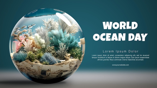 PSD ein poster für den ozeantag mit einer ozeanminiatur mit fischen und korallen im inneren