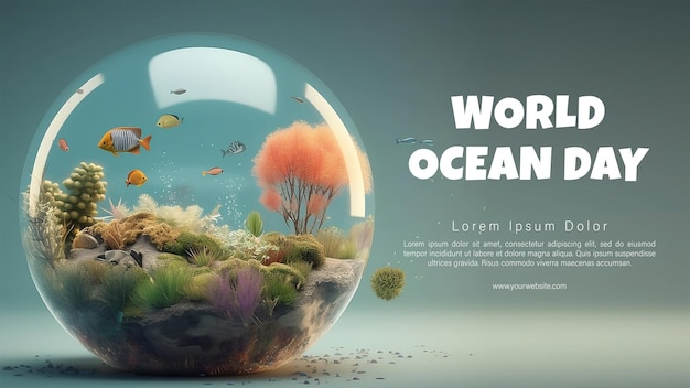 Ein Poster für den Ozeantag mit einer Ozeanminiatur mit Fischen und Korallen im Inneren