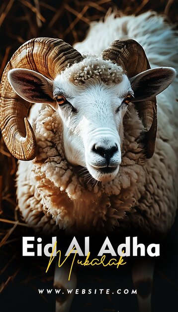 PSD ein poster für eid mubarak mit einem schaf vorne oragnal kalligraphie