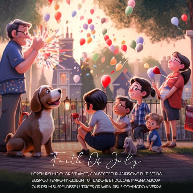 Ein poster für eine familie, die mit einem hund und luftballons die unabhängigkeit feiert