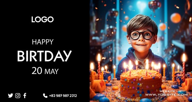Ein Poster für eine Geburtstagsfeier mit einem Jungen mit Kuchen und Kerzen.