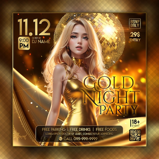 PSD ein poster für eine goldene nachtparty mit einer goldenen kugel und einer frau in einem goldenen kleid