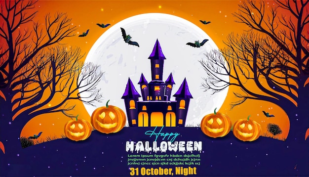 ein Poster für eine Halloween-Party mit einem Schloss und Kürbissen