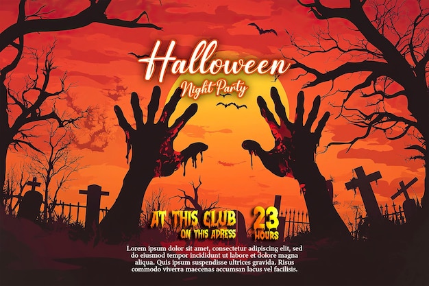 ein Poster für eine Halloween-Party mit Händen, die sich für eine Zombie-Nacht-Party erstrecken