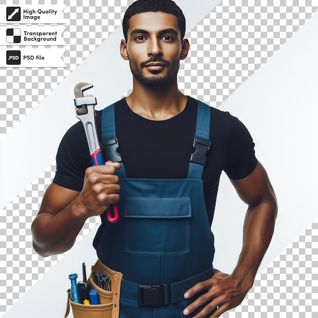 PSD ein poster für einen mann mit einem hammer und einem werkzeug in der hand