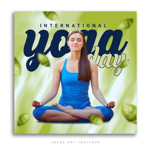 PSD ein poster für einen yoga-tag mit einer frau in blauem top und grünem hintergrund.