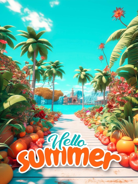 Ein poster für „hallo sommer“ mit einer palme und einem blauen himmel