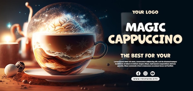 PSD ein poster für ihr kaffeegeschäft mit einem fantasievollen hintergrund aus kaffeeglas