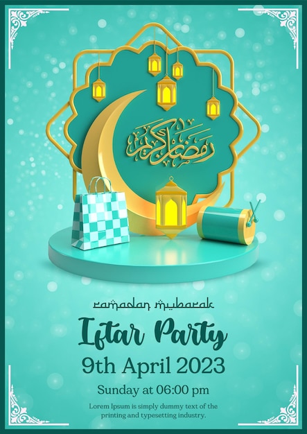 Ein poster für ramadan mubarak mit laternen und einem mond auf dem podium