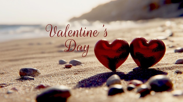 ein Poster für Valentinstag am Strand mit einem herzförmigen Herz darauf
