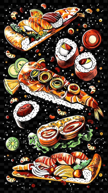 Ein poster mit einem bild eines hühnchens mit sushi darauf
