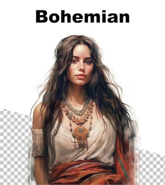 Ein poster mit einer bohemien-frau und dem wort bohemian oben drauf