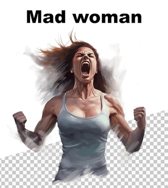 PSD ein poster mit einer verrückt werdenden muskelfrau auf transparentem hintergrund und den worten „mad woman“ oben