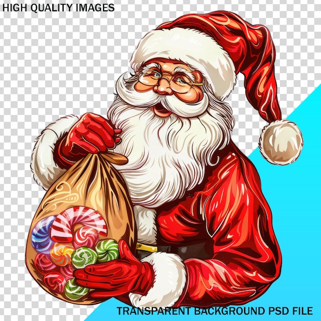 ein Poster von Weihnachtsmann, der einen Sack mit Geschenken hält