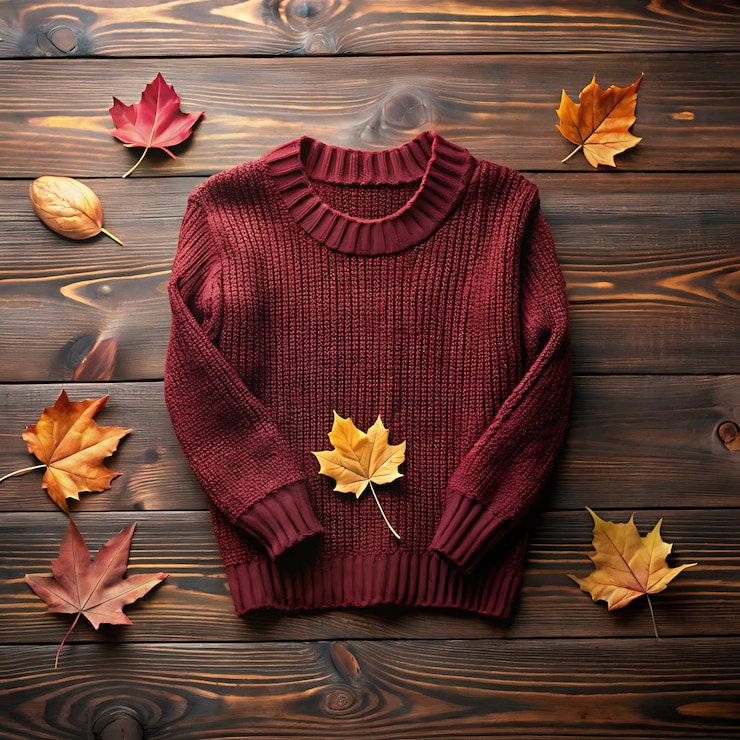 PSD ein pullover mit herbstblättern auf einem holztisch