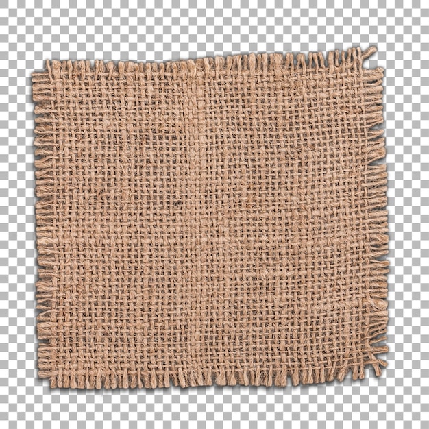 Ein quadratisches Stück Burlap-Gewebe mit einer rauhen Textur und abgenutzten Rändern, das häufig zum Handwerk oder zur Verpackung verwendet wird