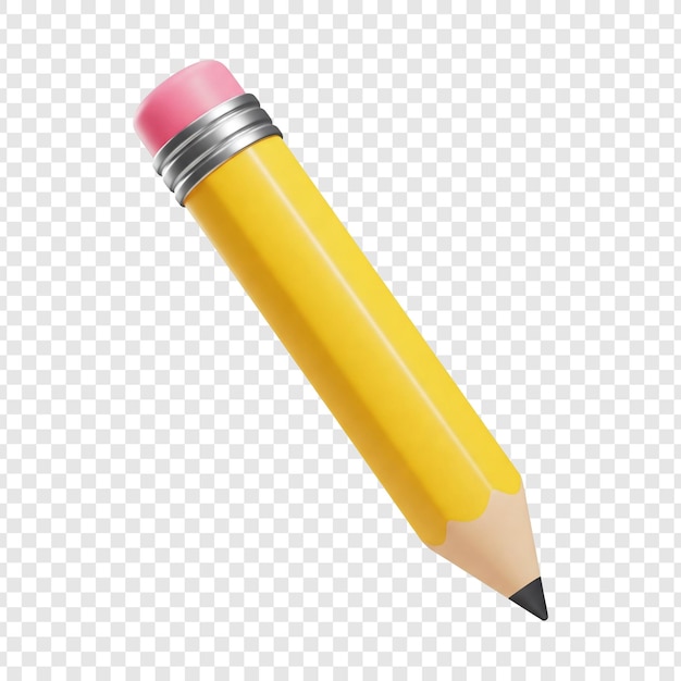 Ein realistisches 3D-Rendering eines gelben Bleistifts mit rosa Löschmaske auf durchsichtigem Hintergrund
