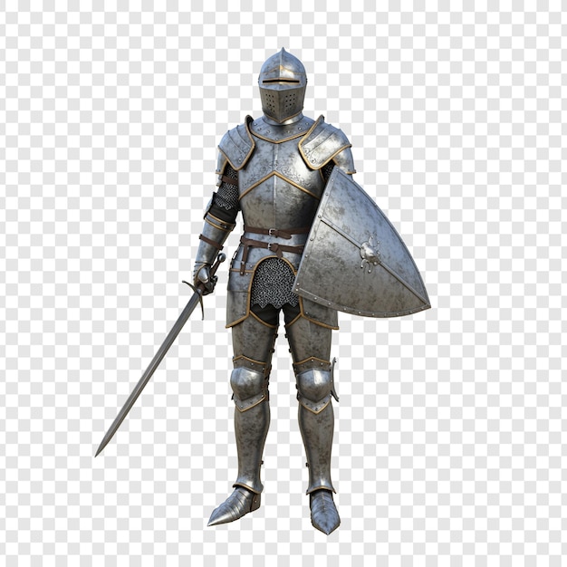 Ein Ritter in glänzender Rüstung mit Schwert und Schild auf durchsichtigem Hintergrund