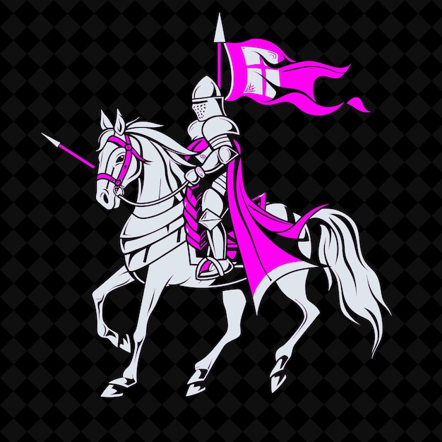 Ein ritter mit schwert und schild auf dem kopf wird mit einer rosa und lila flagge dargestellt