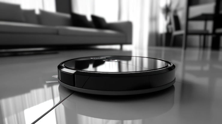 PSD ein roboter-staubsauger auf einem glänzenden boden in einem modernen wohnzimmer