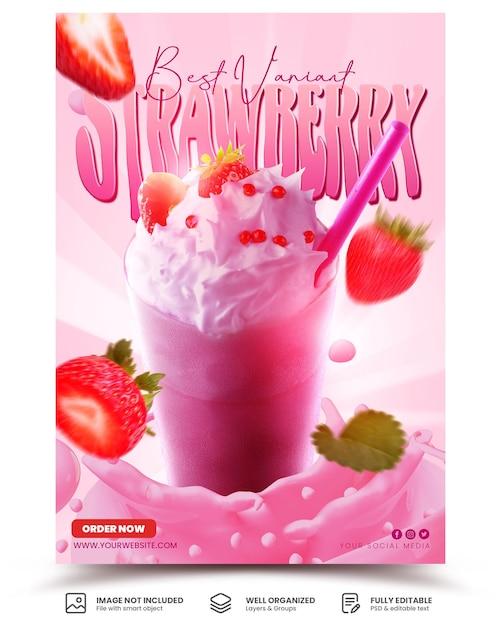 Ein rosa poster für eine promotion-vorlage für ein erdbeer-milchshake-getränk