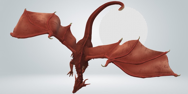 PSD ein roter drache mit einem roten schwanz und einem weißen hintergrund