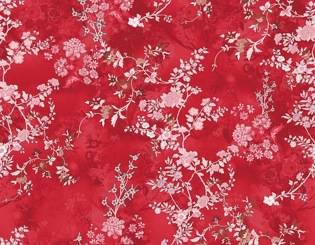 ein roter Hintergrund mit Blumen und Blättern