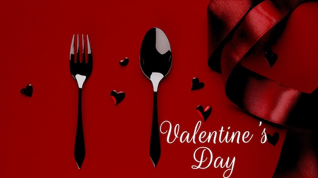 ein roter Hintergrund mit einem Löffel und einer Gabel mit den Worten Valentinstag darauf geschrieben