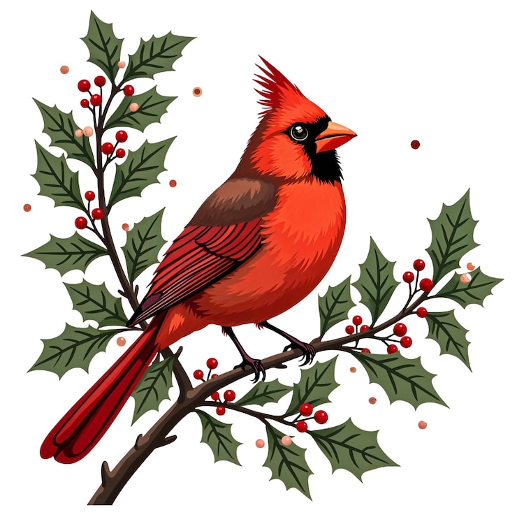 PSD ein roter kardinalvogel sitzt auf einem zweig von holli und beeren png bild transparenter hintergrund