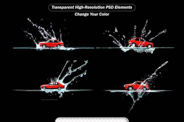 PSD ein rotes auto trifft auf den schwarzen hintergrund des wassers. ein spielzeugfahrzeug fällt ins wasser und erzeugt einen spritzer.