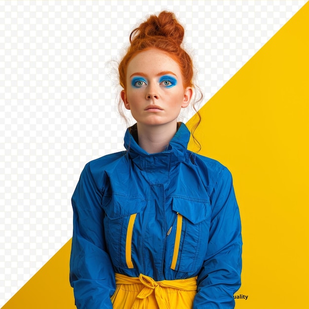 Ein rothaariges mädchen in einer blauen jacke und blauen augen macht sich auf einem gelben isolierten hintergrund auf und ruht ihre hände auf ihrer taille