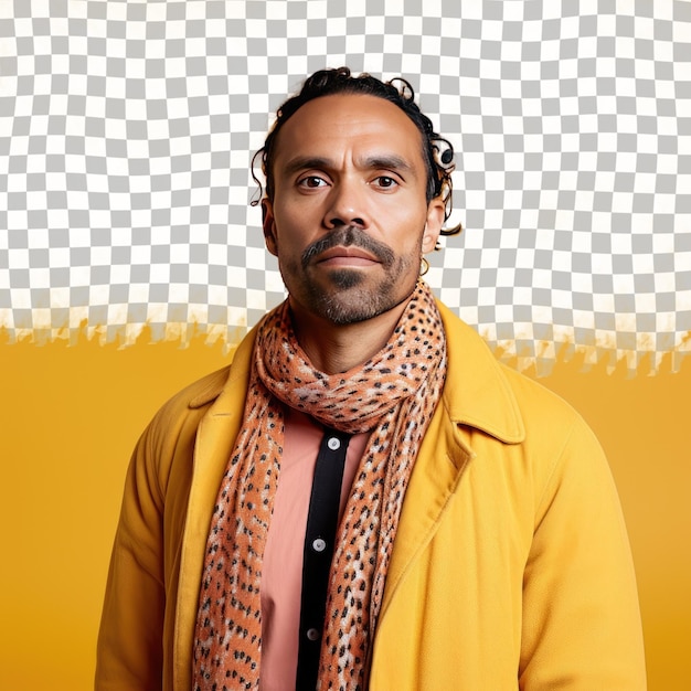 PSD ein ruhiger erwachsener mann mit kurzen haaren der australischen aborigines, gekleidet in schauspielerkleidung, posiert in einem chin-on-hand-stil vor einem pastellgelben hintergrund