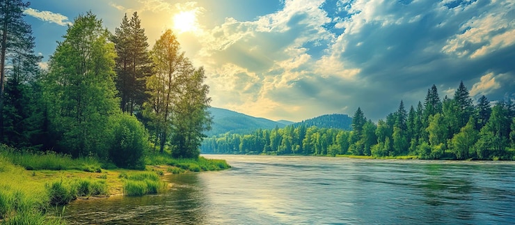 PSD ein ruhiger fluss, der sich durch einen üppigen wald schlängelt