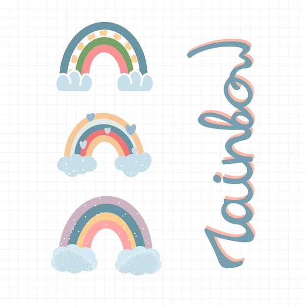 Ein Satz mehrfarbiger minimalistischer skandinavischer Regenbogen mit Schriftzeichen