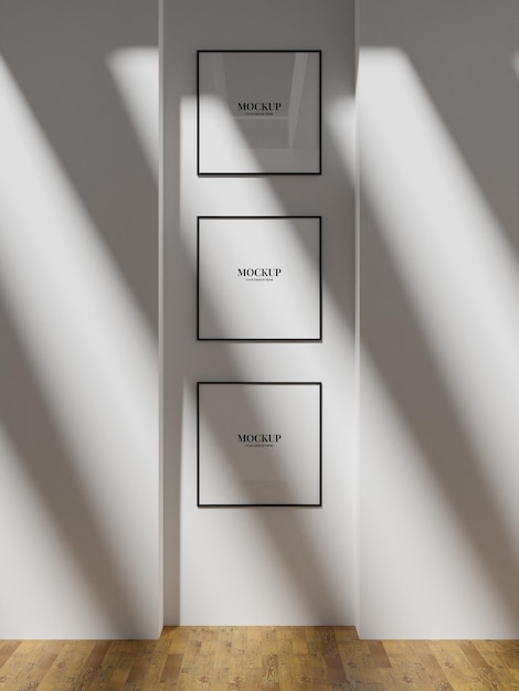 Ein satz von drei quadratischen rahmen-mockup-poster im minimalistischen interieur