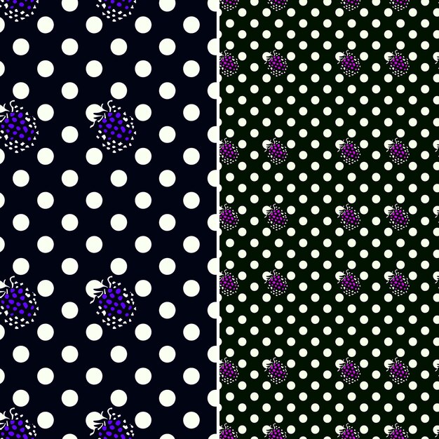 Ein satz von polka-dot-wallpapieren mit weißen polka-punkten und lila schmetterlingen