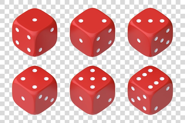 Ein Satz von sechs roten Würfeln mit weißen Punkten, die in halber Runde hängen und verschiedene Zahlen zeigen 3D-Rendering