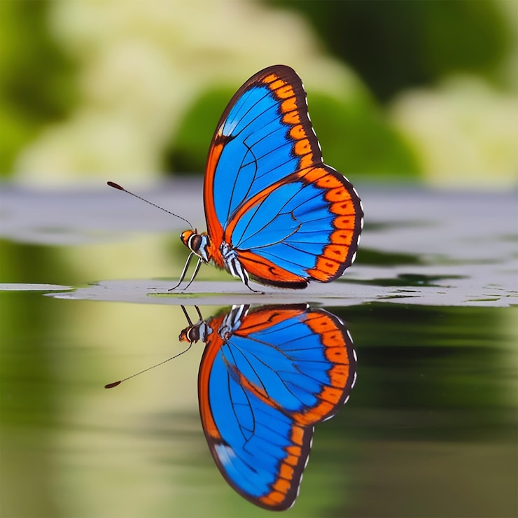 PSD ein schmetterling reflektiert sich im wasser mit einer reflexion eines schmetterlings