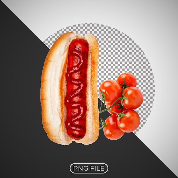 ein schwarz-weißes Bild eines Hotdogs mit Kirschtomaten darauf
