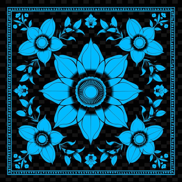 Ein schwarz-weißes design mit einer blauen blume und einem kreis von blumen