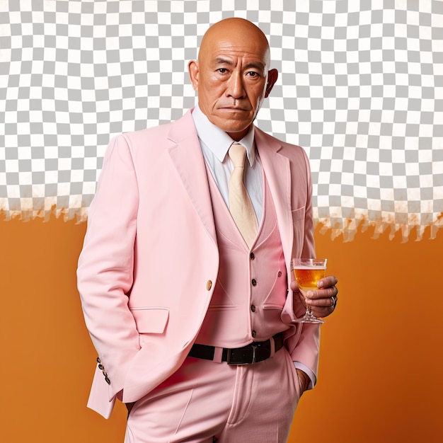 PSD ein selbstbewusster älterer mann mit kahlen haaren aus der asiatischen ethnie, gekleidet in bartender-kleidung, posiert in einem leaning against a wall-stil vor einem pastelllachs-hintergrund