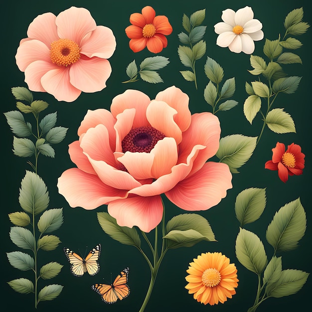 PSD ein set von aquarellblumen mit blättern und schmetterlingen png-datei