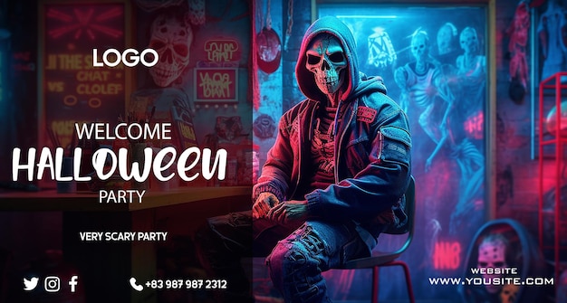 Ein Skelett sitzt vor einer Leuchtreklame mit der Aufschrift „Oko Bar“ Halloween