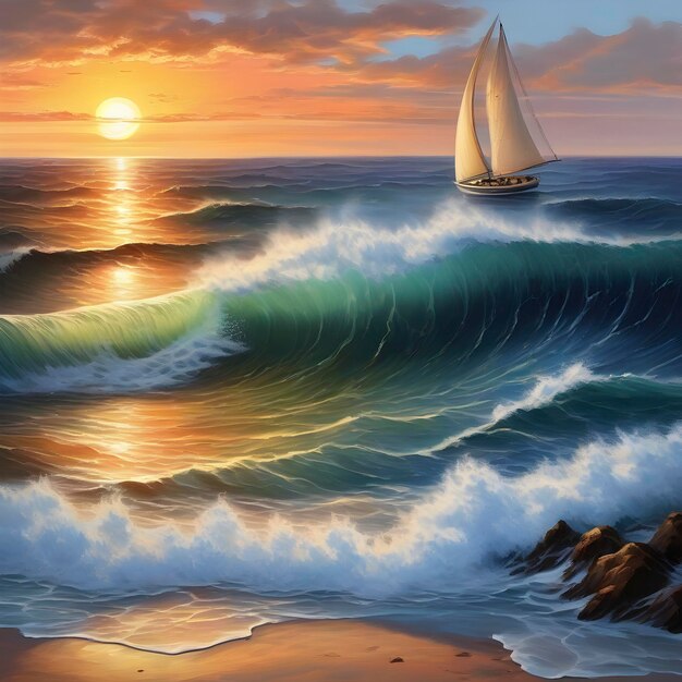Ein sonnenuntergang über dem ozean mit wellen, wolken und einem segelboot aigenerated