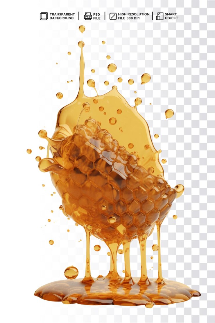 Ein Spritzer Honig mit einem Tropfen Honig auf transparentem Hintergrund