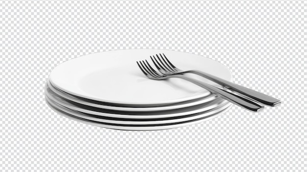 Ein Stapel weißer Teller, begleitet von einer Gabel und einem Messer, perfekt für jedes Essen oder jede kulinarische Präsentation
