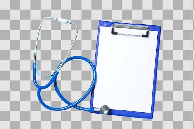 Ein Stethoskop und ein Clipboard repräsentieren die Hingabe der Gesundheitsarbeiter, die auf Weiß isoliert sind