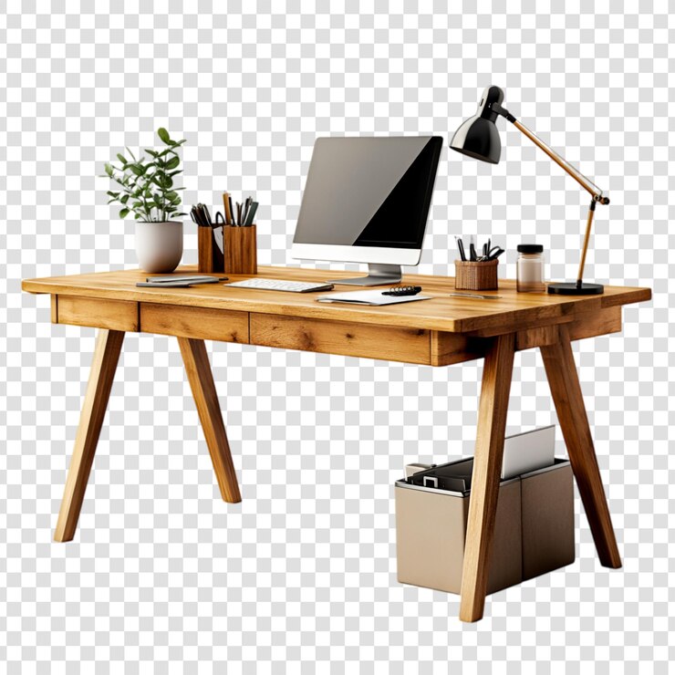 PSD ein stilvoller holzschreibtisch mit laptop und zubehör auf einem durchsichtigen hintergrund