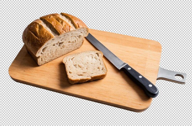 PSD ein stück brot und ein messer auf einem holzbrett, perfekt für das frühstück
